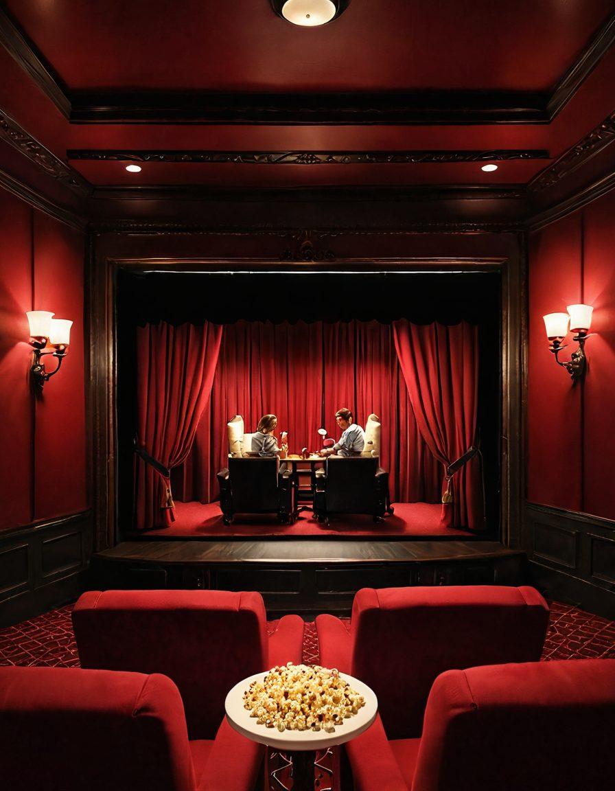A cozy cinema interior with plush red velvet seats and a large screen showcasing a romantic scene with a passionate couple. Soft lighting enhances the atmosphere, while popcorn and drinks rest on the armrests. Overlay silhouettes of iconic romantic film elements like roses, hearts, and film reels around the borders. Capture the essence of passion and drama in a cinematic experience. super-realistic. warm tones. vintage style.
