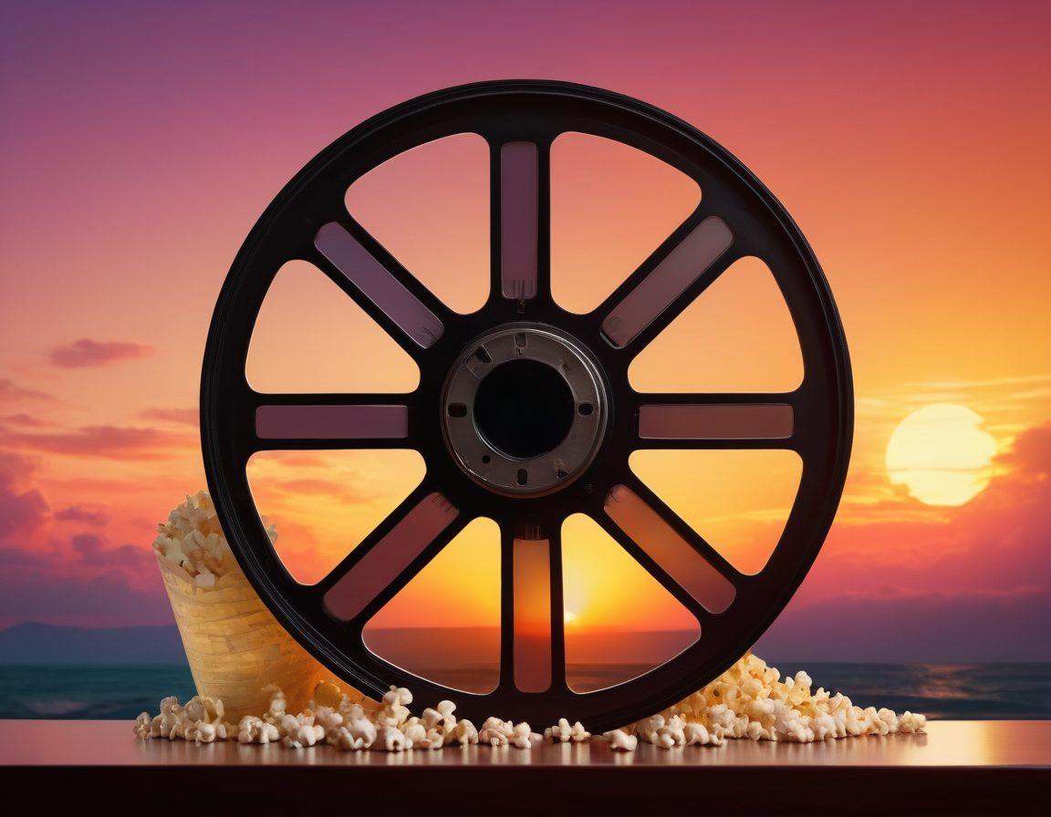A cinematic collage depicting a vibrant film reel unwinding, blending iconic blockbuster scenes on one side with artistic, abstract frames on the other. Include elements like popcorn and a vintage projector to create a sense of nostalgia. The background features a gradient of sunset colors representing the transition from mainstream to indie cinema. super-realistic. vibrant colors. dynamic composition.