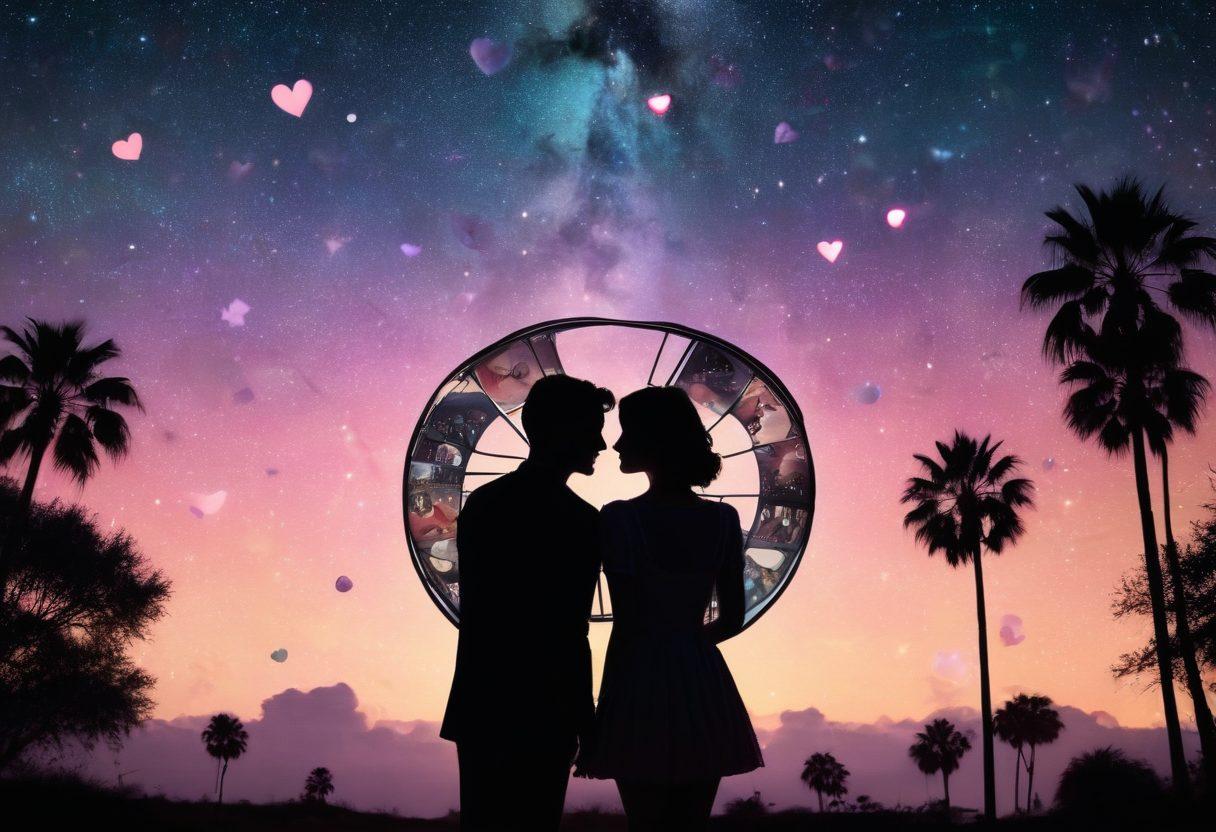 A whimsical cinema scene showcasing a vintage film reel unraveling amidst a dreamy, starry night sky. Silhouettes of classic romantic couples sharing tender moments in the foreground, surrounded by glowing hearts and film strips. The background is filled with iconic movie posters and soft pastel colors to evoke warmth and nostalgia. super-realistic. vibrant colors. dreamy atmosphere.